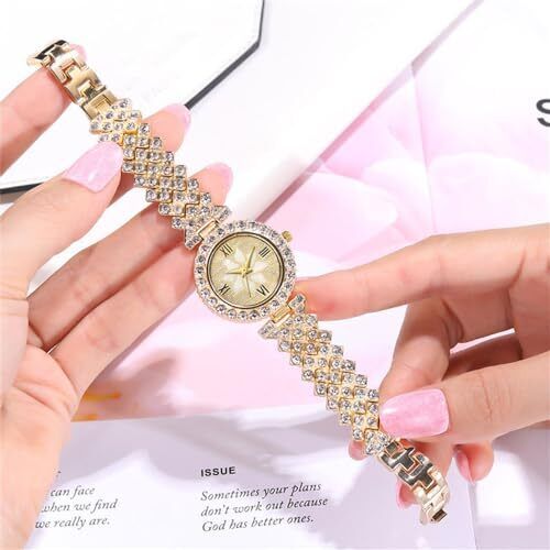 Women Luxury Watches Steel Band with Diamonds Bracelets Watches Set Gold - Picture 3 of 5