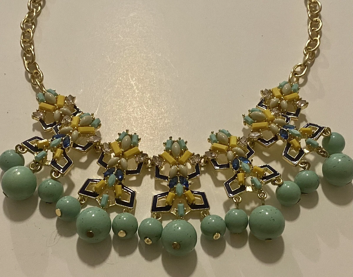 talbots statement necklace gold tone enamel blue yellow beads 18 With 3 Extend