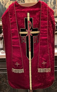 Chasuble Catholic Priest Vestment Cut Red Velvet w Stole from Church Lot 125