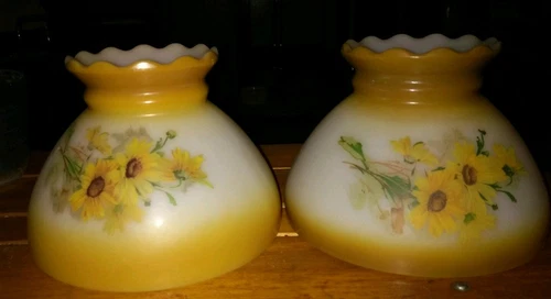 Set Of Two! Vintage 8" Fitter Milk Glass Yellow & Brown Daisy Floral Lamp Shades