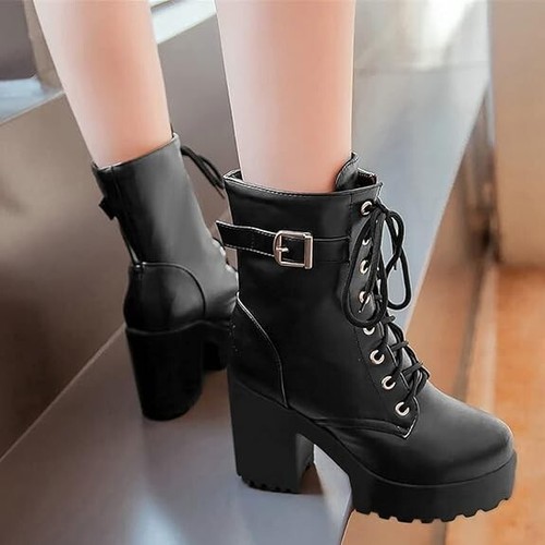 EU36 Plateau Stiefeletten Schnüren Blockabsatz High Heels Ankle Boots m Schnalle - Bild 5 von 5