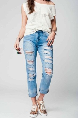 Jeans elasticizzati donna strappati vita alta skinny push up pantaloni mom  fit | eBay