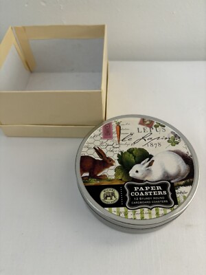 12 Bunny Coasters Michel Design Works BUNNIES Le Lapin in Storage Tin*NEW*
