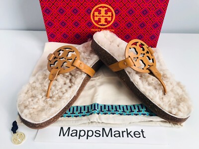 NIB Authentic TORY BURCH Miller Cloud Shearling Sandal in Caramel