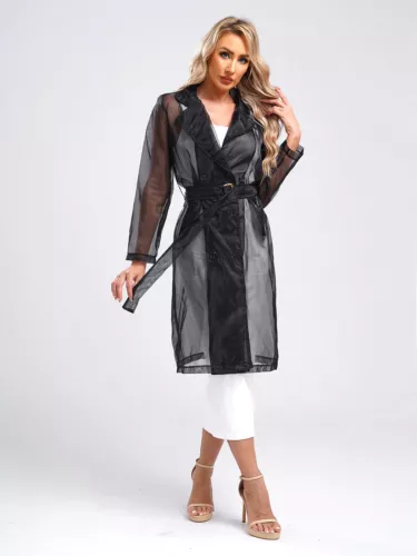 Womens Coat See Through Trench Notch Lapel Jackets Ladies Outerwear Cropped- - Picture 44 of 60