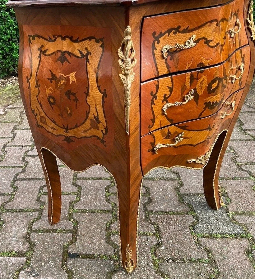 Cómoda Luis XVI Francesa Caoba Bronce Ormolu Con Incrustaciones Cajón Vintage Foto 4 de 4