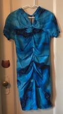 VERA WANG DRESS BLUE WAVE PRINT SILK RUCHING DETAIL sz 10
