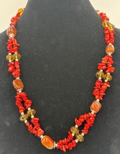 Vintage Coral Chip Necklace Amber Glass Agate Handmade Boho