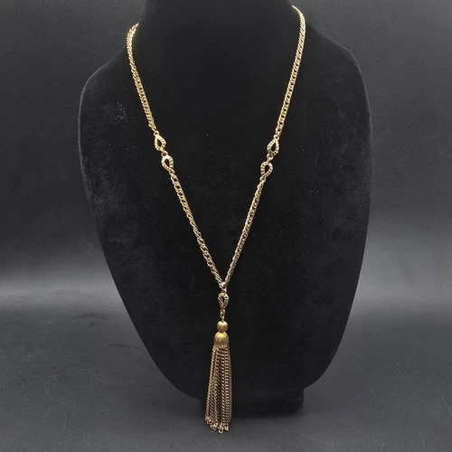 Vintage Chained Tassel Pendant Necklace Gold Tone 1970s Costume Jewelry