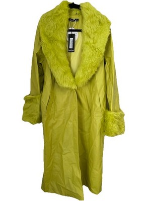 Boohoo Tall Faux Fur PU Trench Coat Lime Green Size US 8 NWT Y2K Style