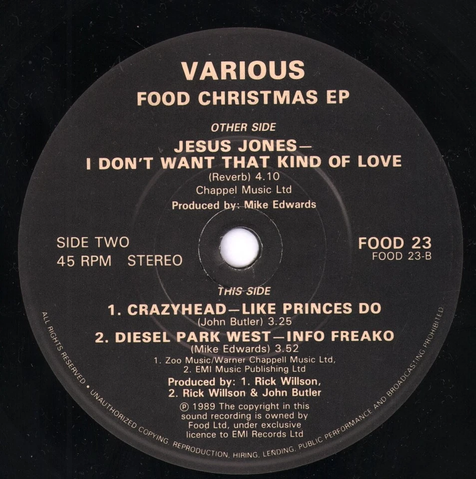 Various Artists Food Christmas EP 1989 7" vinyl UK Food 1989 - pic sleeve has - Image 3 of 3