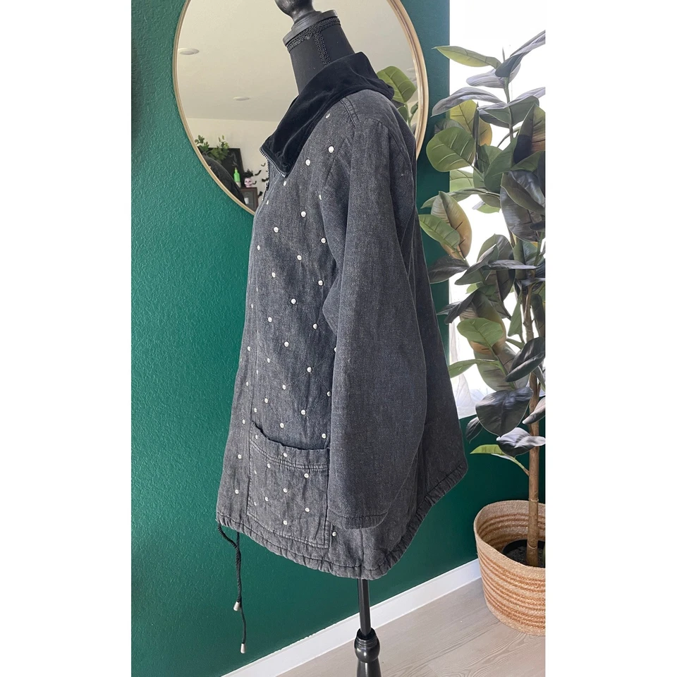 Carole маленький с заклепками джинсовой ткани стеганая куртка женщин 24W черный бархат воротник гранж - Изображение 3 из 4