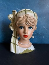 VINTAGE LADY HEAD VASE RELPO BLONDE “SASHA’ GREEN/WHITE 7”
