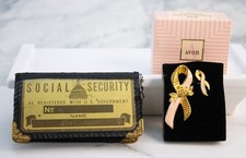 Vintage SS Card Holder 1930s-40s + Avon 1993 Breast Care Ribbon Pin Set w/ Box