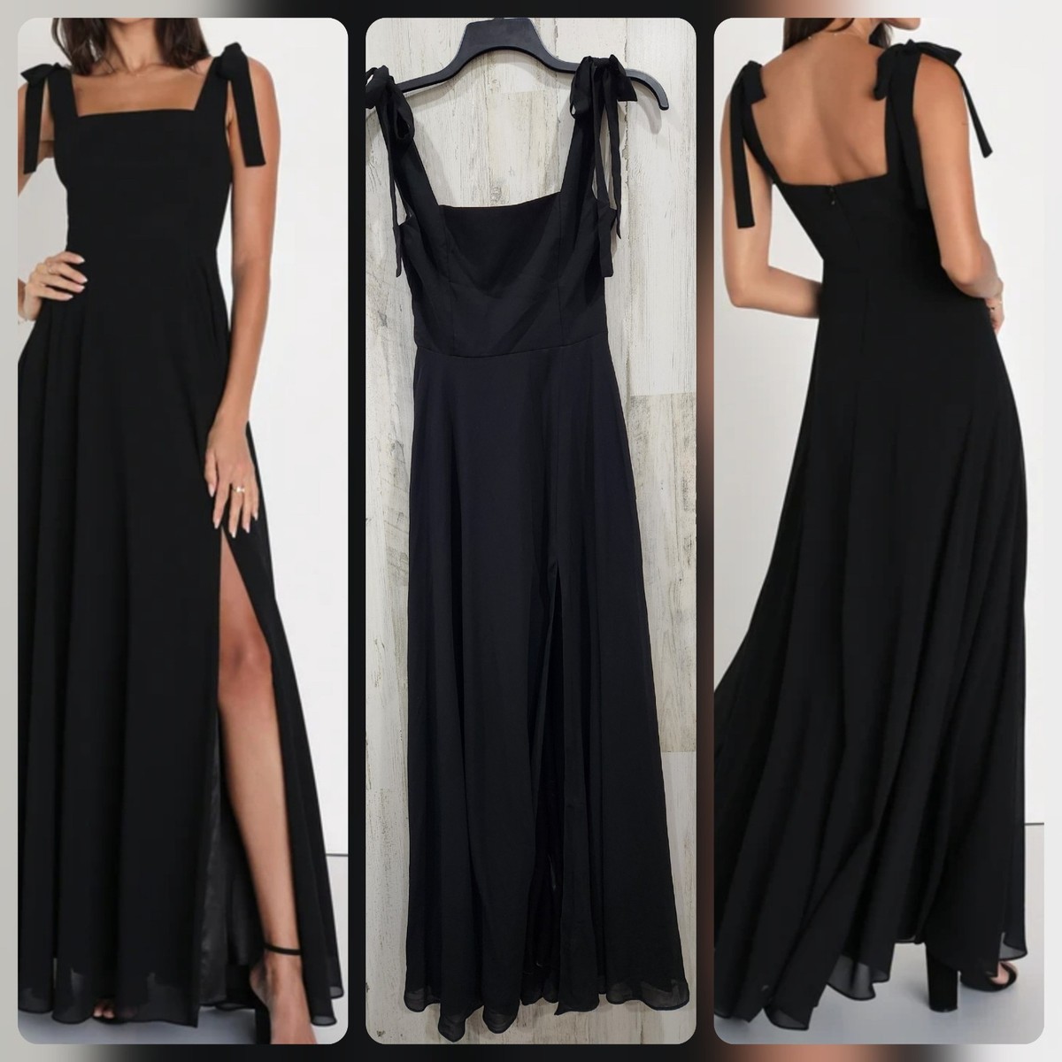 LULUS Love Me Forever Black Tie Strap Square Neck Maxi Dress Size