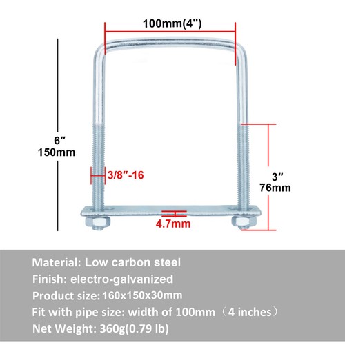 6 piezas pernos en U cuadrados para remolque, 3/8" x 4" x 6", acero galvanizado - Imagen 2 de 4