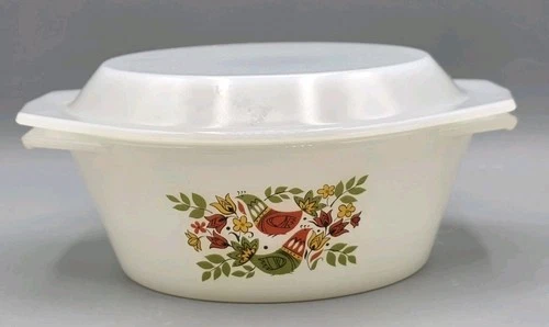 VTG Arcopal France Casserole Dish - French Partridge / Hen & Tulips Milk Glass