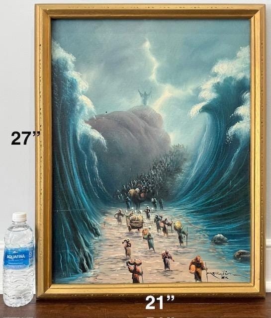 ヴェロネーゼデザイン Moses Parting the Red Sea モーセ Original Vintage Oil Painting Moses Parting the Red Sea Signed