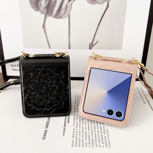 For Samsung Galaxy Z Flip 7 6 5 4 Mandala Flower Leather Case w/ Shoulder Strap - Picture 4 of 29