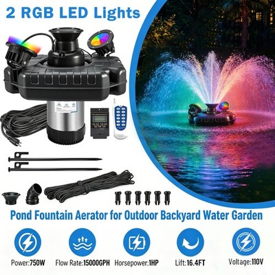 1HP 15000GPH Pond Fountain Aerator Lake Floating Pump w/RGB Color-Changing Light