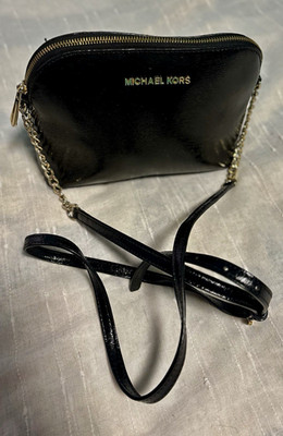 Michael Kors Black Patent Shoulder Bag Gold Hardware Zip Closure Strap Pockets