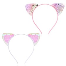 2 Pack Reversible Sequin Cat Ears Headband Glitter Cat Hairbands Shiny Cute K...