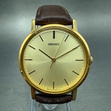 Seiko Watch Men 32mm Gold Dial Gold Tone Round 7N01-8000 Leather PARTS