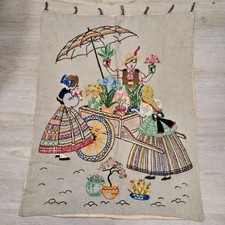 Vtg Dutch Tapestry Embroidered Hanging Wall Folk Art Ladies Buying Flowers