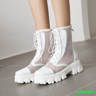 Womens High Top Shiny Leather Mesh Eyelet Ankle Short Boots Platform Shoes Girls