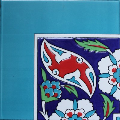 Turkish Turquiose, Red & Blue 8''x8'' Iznik Floral Pattern Ceramic Tile Corner