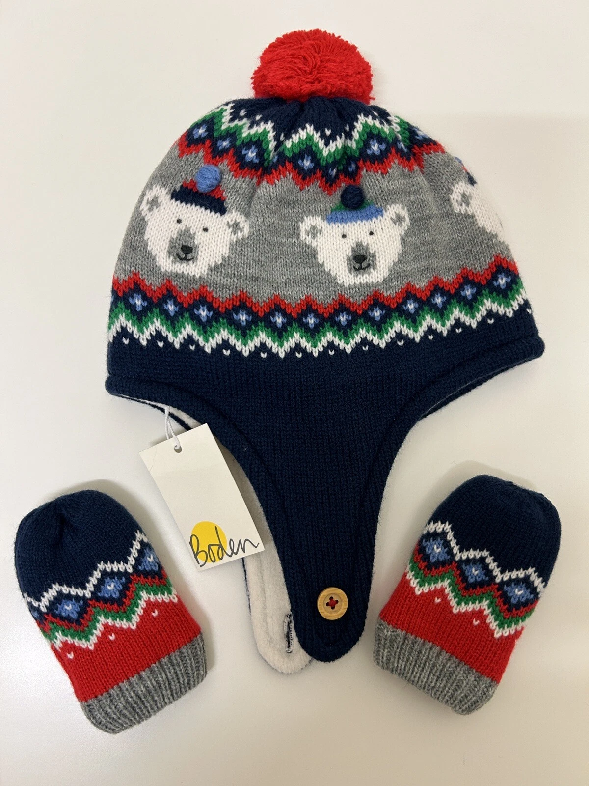 Boden Baby Fair Isle Navy Hat And Mitten Set Age 6 - 12 Months NEW