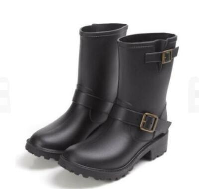Women Motorcycle Flat Short Boots Wellies Pull On Buckles Biker Ankle Rain  Boots