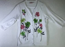 Quacker Factory Jeanne Bice Large Cardigan Embroidery Beaded Flowers Sweater