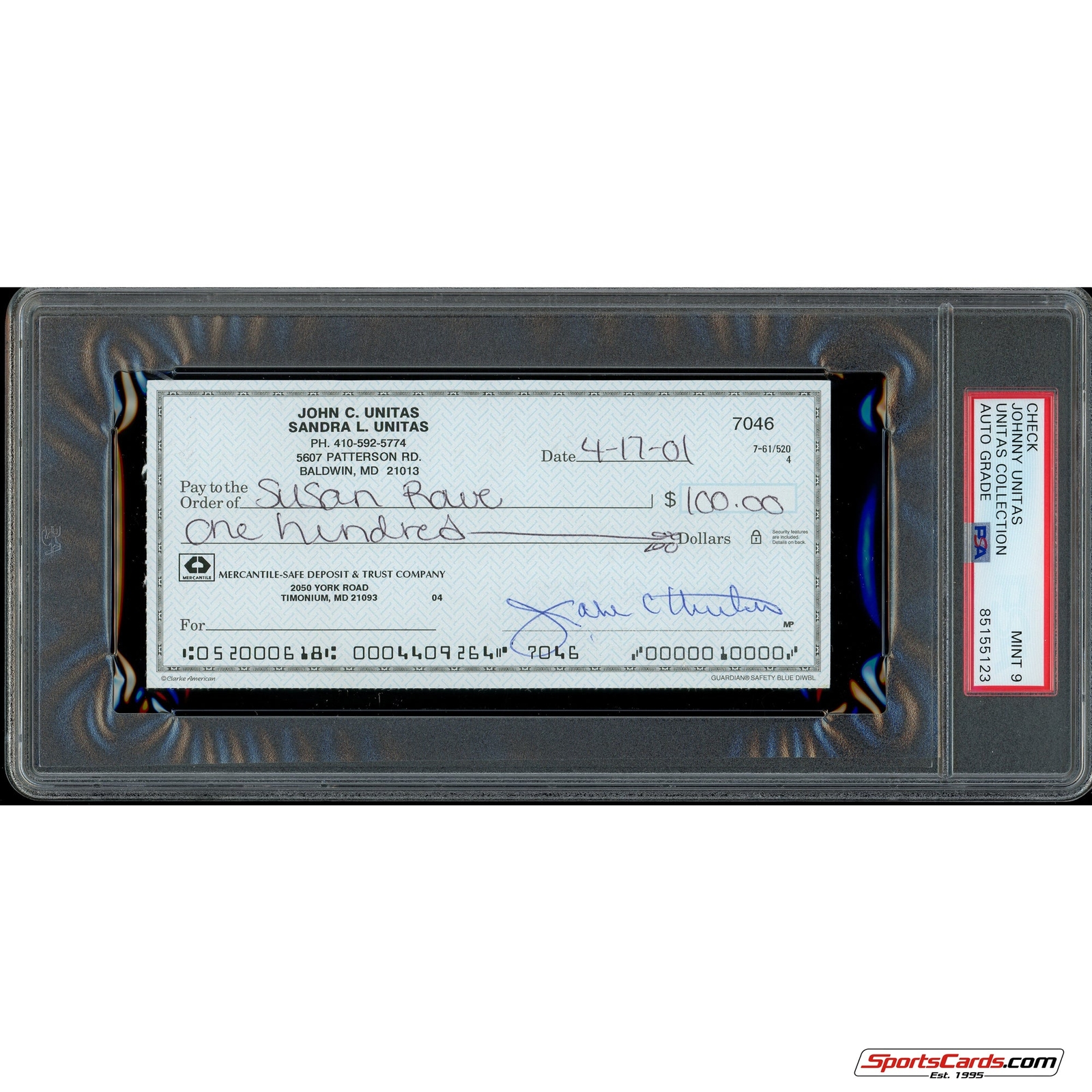 Johnny Unitas Signed Autographed Personal Check PSA DNA Mint 9