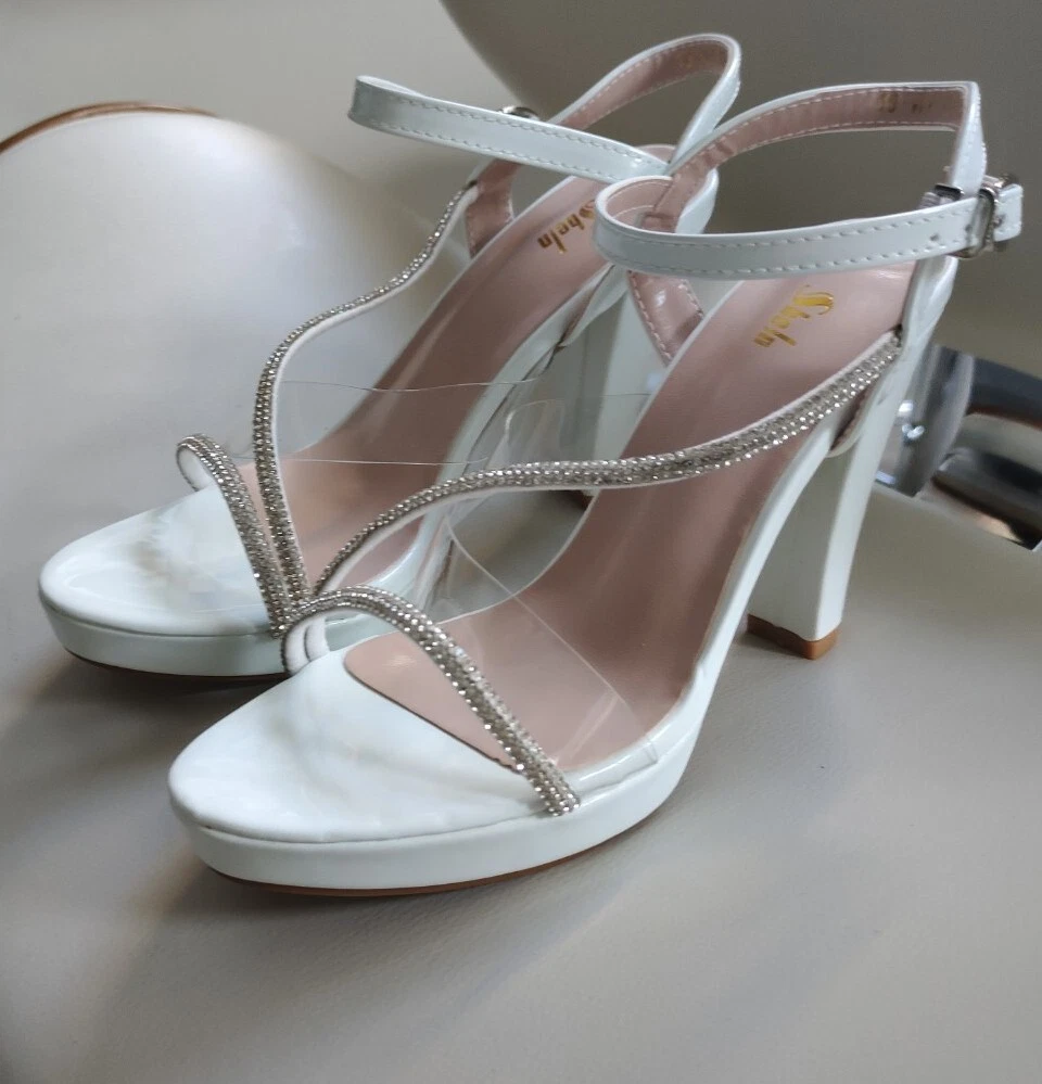 Strappy High Block Heel Sandals White Party Holiday Going Out