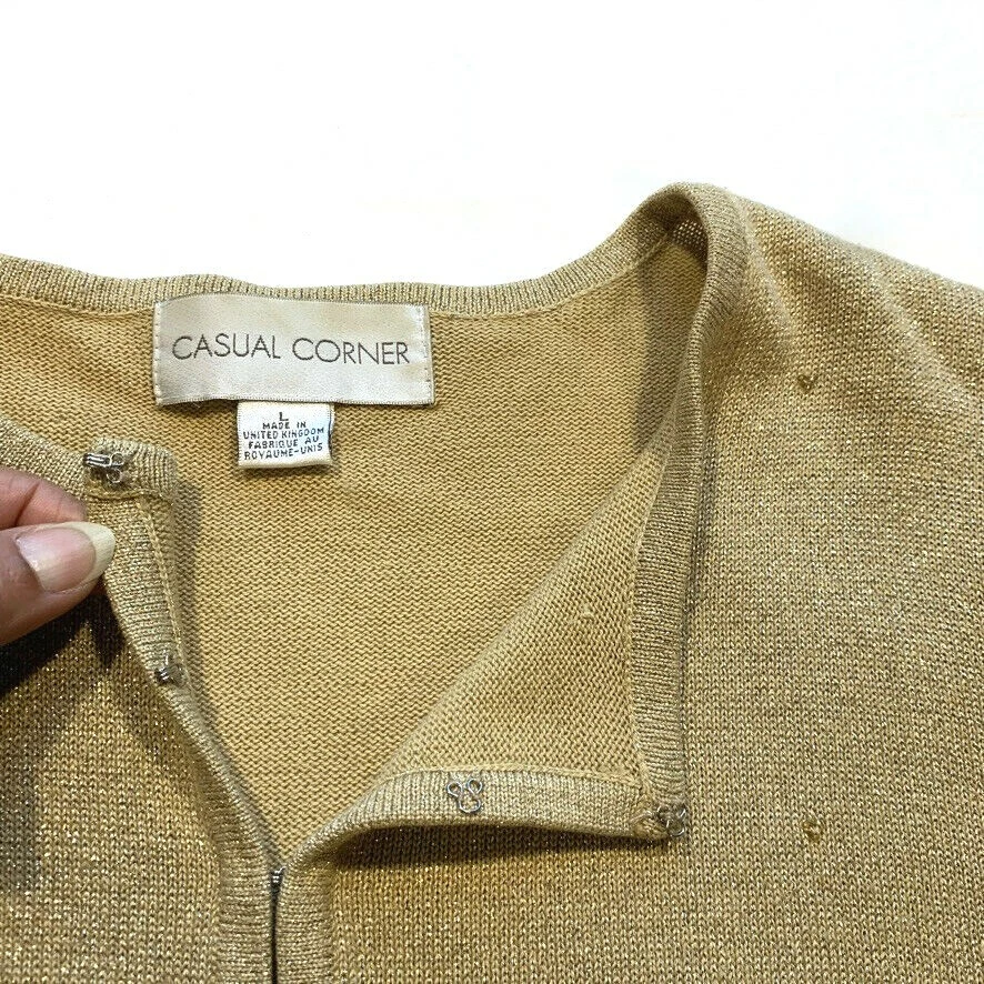 Vtg Casual Corner Beaded Metallic Cardigan Sweater Acrylic Cotton Bronze Gold L - Image 4 of 4