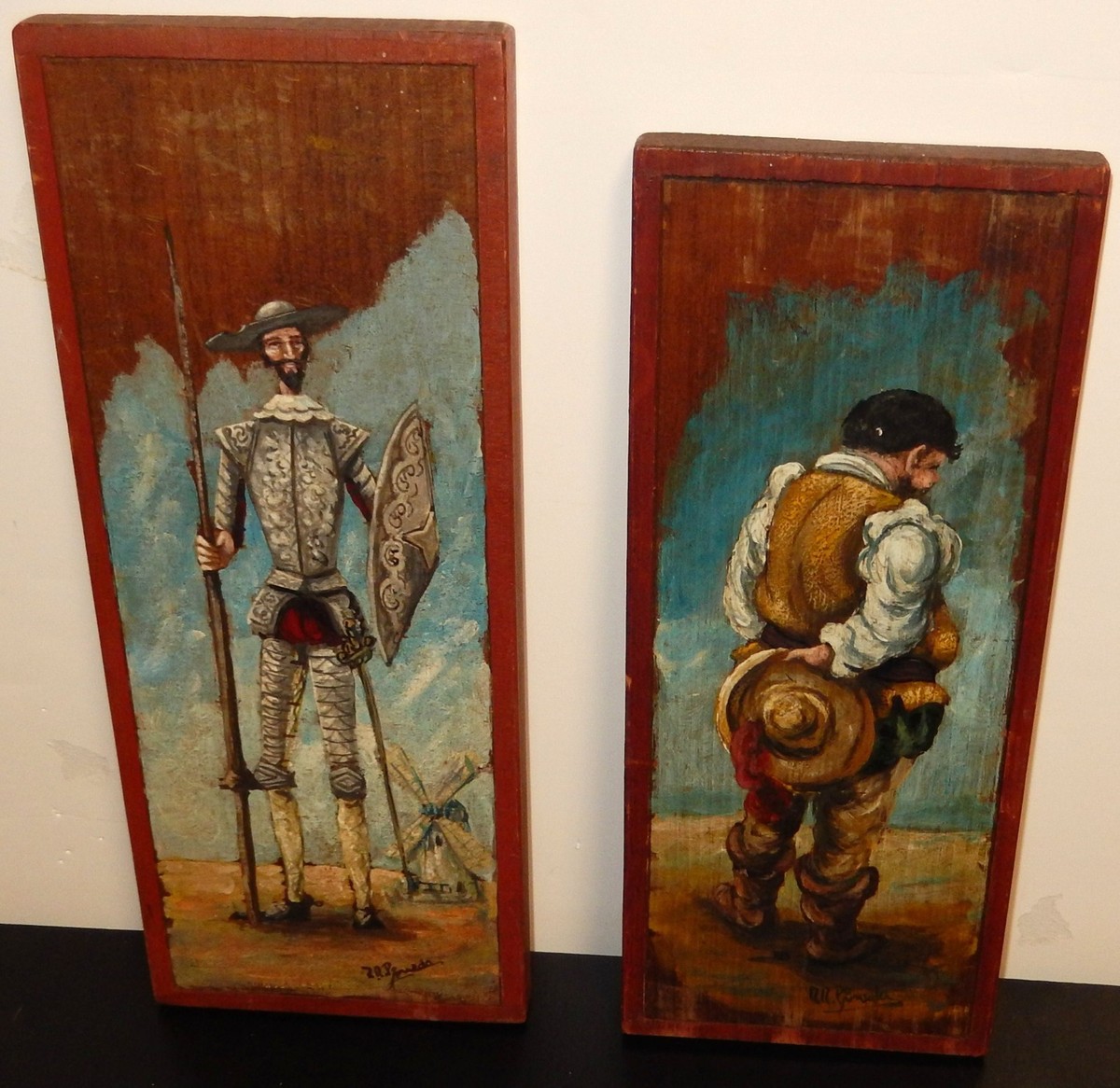 RARE PAIR OF R.R.PINEDA OIL ON WOOD MEXICAN FOLK DON QUITOTE