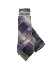 Stacy Adams Men's Tie & Hanky Beige Purple Rust Lilac Silver Plaids 3.25" Wide