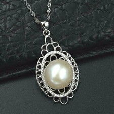 Women 12m White Freshwater Pearl CZ Pendant Necklace Chain Sterling Silver 574