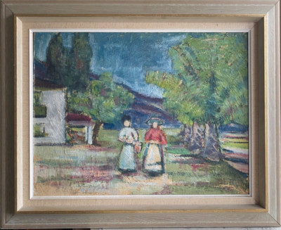 ::OIL PAINTINGS UNINTERPRETED. SIGN. COLLECTING TWO WOMEN IN FLOWERS WITH FINCA