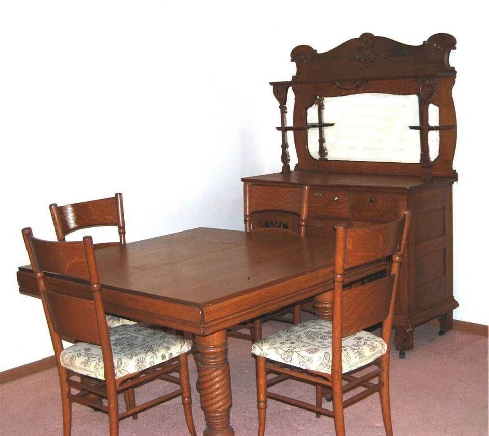 Antiguo juego de comedor de roble del siglo XIX mesa de extensión buffet Foto 2 de 4