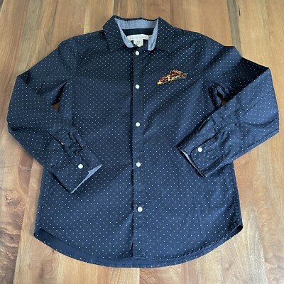 NWT Boys H&M LOGG Navy Polka Dot Button Down Shirt Pizza