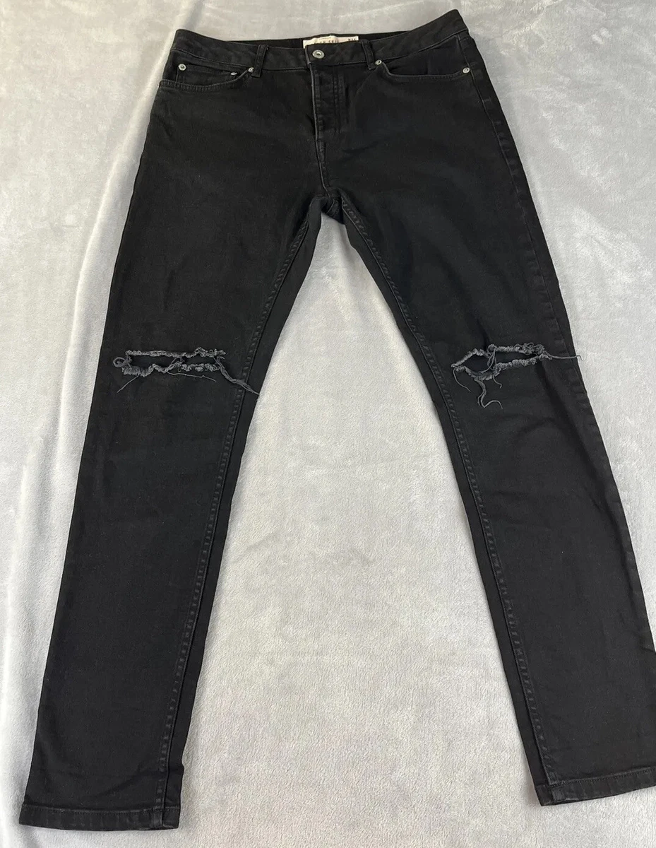 Topman stretch skinny mens black distressed jeans size 34x30