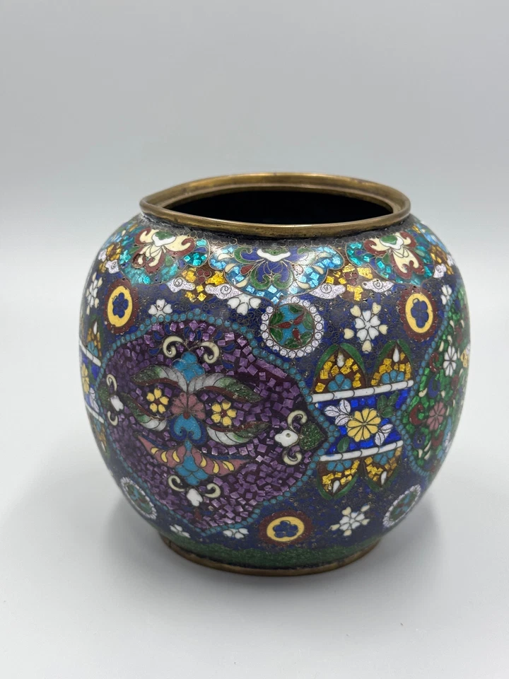 Antigua maceta cloisonné china de principios del siglo XX flores mariposas 5"" Foto 2 de 4