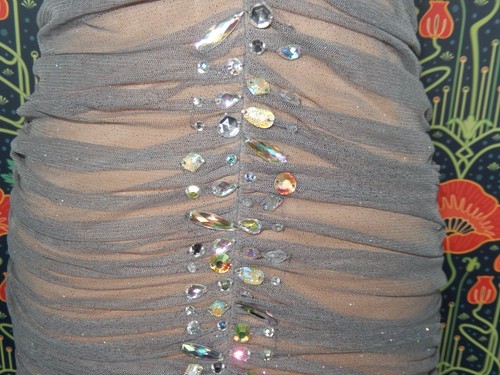 Vintage Y2K Gray Beige Glitter Tulle Pleated Crystal Mesh Ruched Prom Dress - Picture 7 of 7