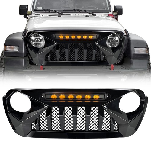 Glossy Black Demon Grill w/Amber Off Road Lights For 1821 Jeep