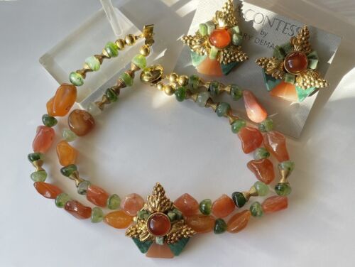 High End Gemstone Polished Rock Lucite Gold Tone Statement Necklace Earrings Set - Picture 4 of 4