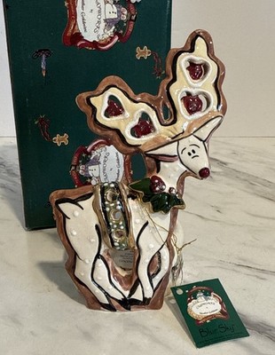 Vtg Blue Sky CLAYWORKS  Heather Goldminc 2001 Reindeer Tealight Holder HTF