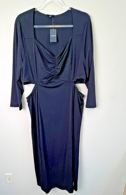 Torrid Maxi Studio Knit Dress 18/20 Black Ruched Drape Long Sleeve Side Cut Out