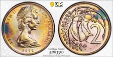 MS64RB 1972 2C New Zealand 2 Cent, PCGS Trueview- Pretty Rainbow Toned